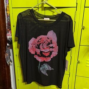 Free Kisses Black Sheer Tee with Pink Rose